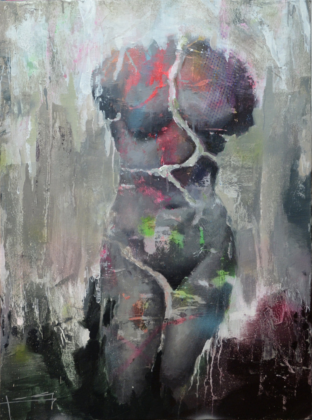 Pintura acrílica de un retrato femenino contemporáneo en tonos tierra y óxidos con textura de relieve.