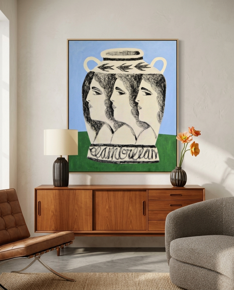 Cuadro de gran formato El amor el amor el amor de Marta Araujo colgado en un salón comedor sobre un aparador de madera de estilo mid-century.
