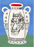 Ilustración de un jarrón blanco con la cara de un caballo, estrellas laterales y fondo dividido en verde y azul.