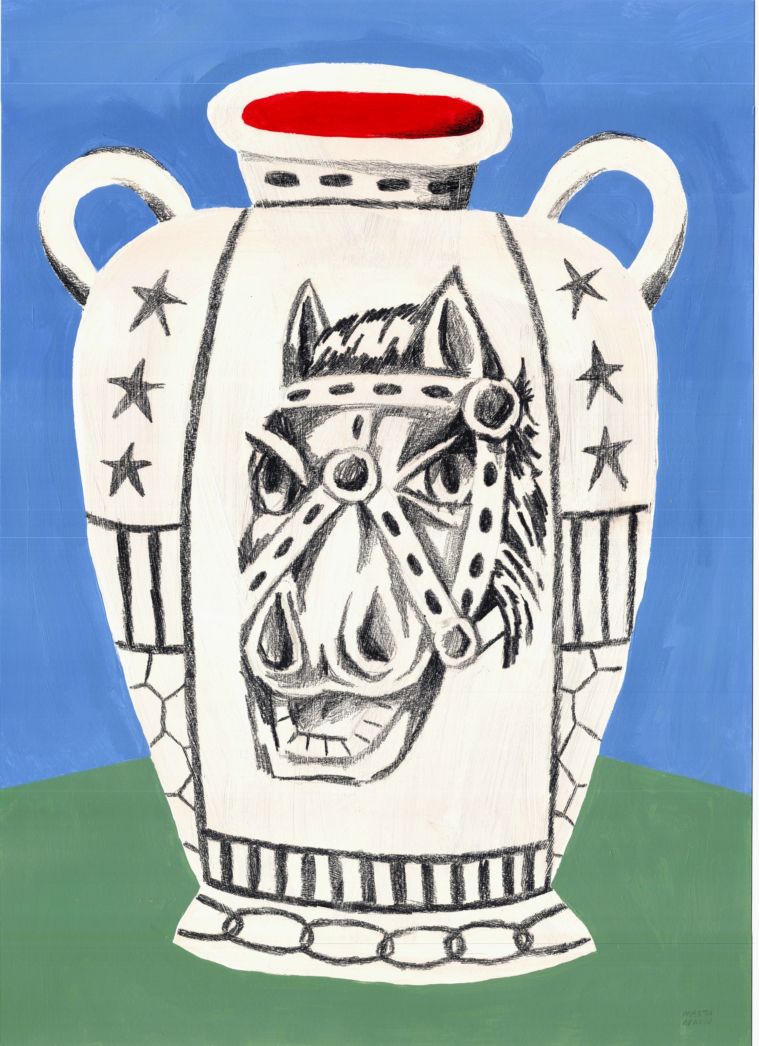 Ilustración de un jarrón blanco con la cara de un caballo, estrellas laterales y fondo dividido en verde y azul.