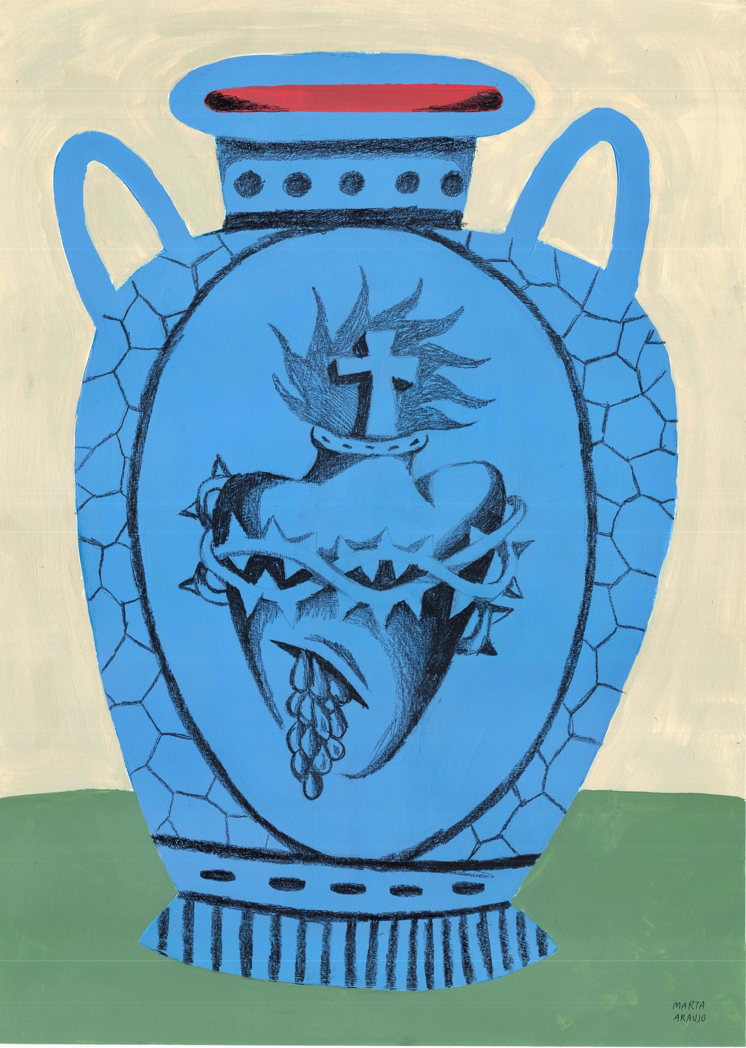 Ilustración de un jarrón azul con un corazón sagrado central rodeado de espinas y llamas sobre un fondo verde y crema.