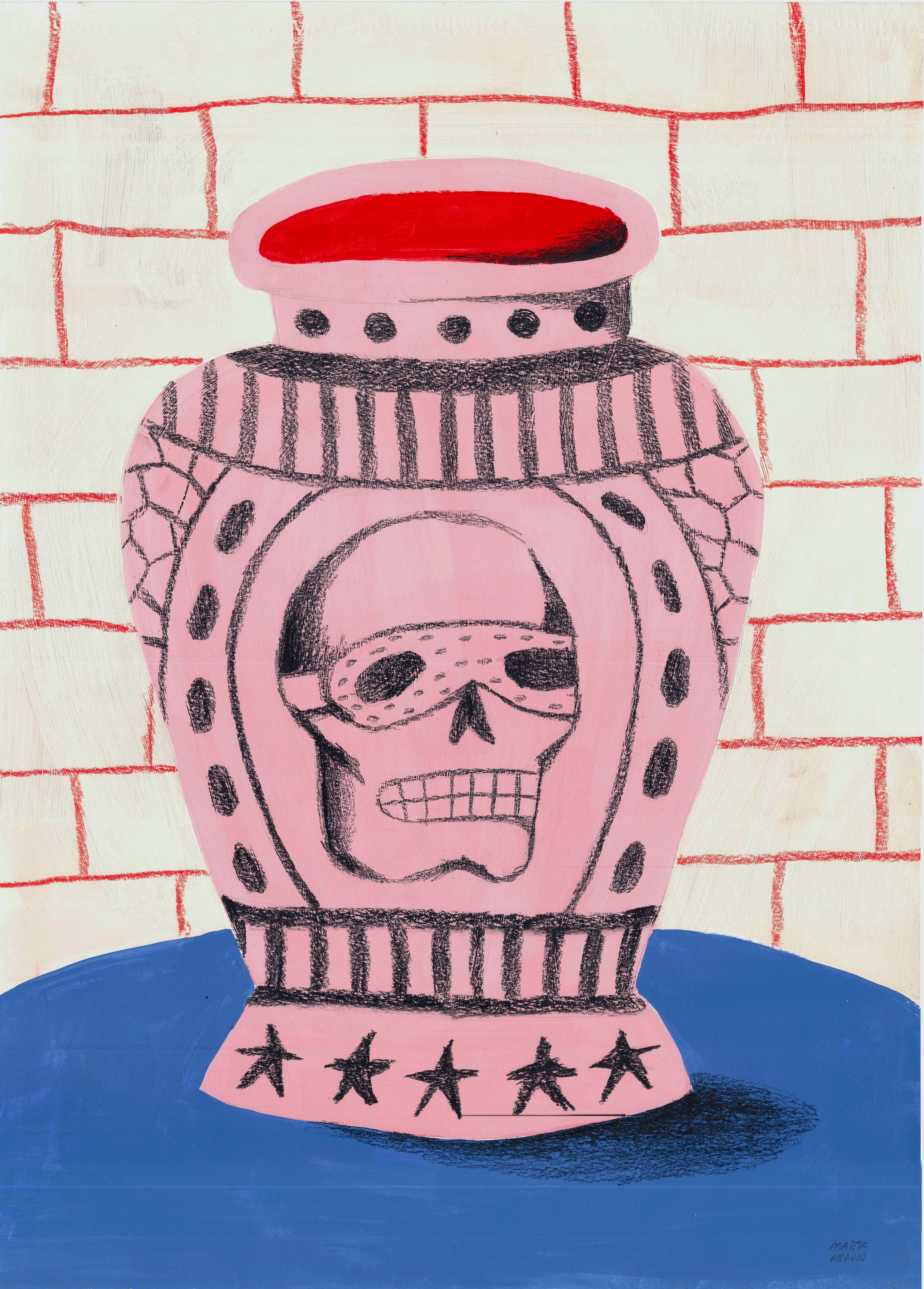 Ilustración de un jarrón rosa con una calavera central y estrellas en la base sobre un fondo de ladrillos rojos, obra de Marta Araujo.