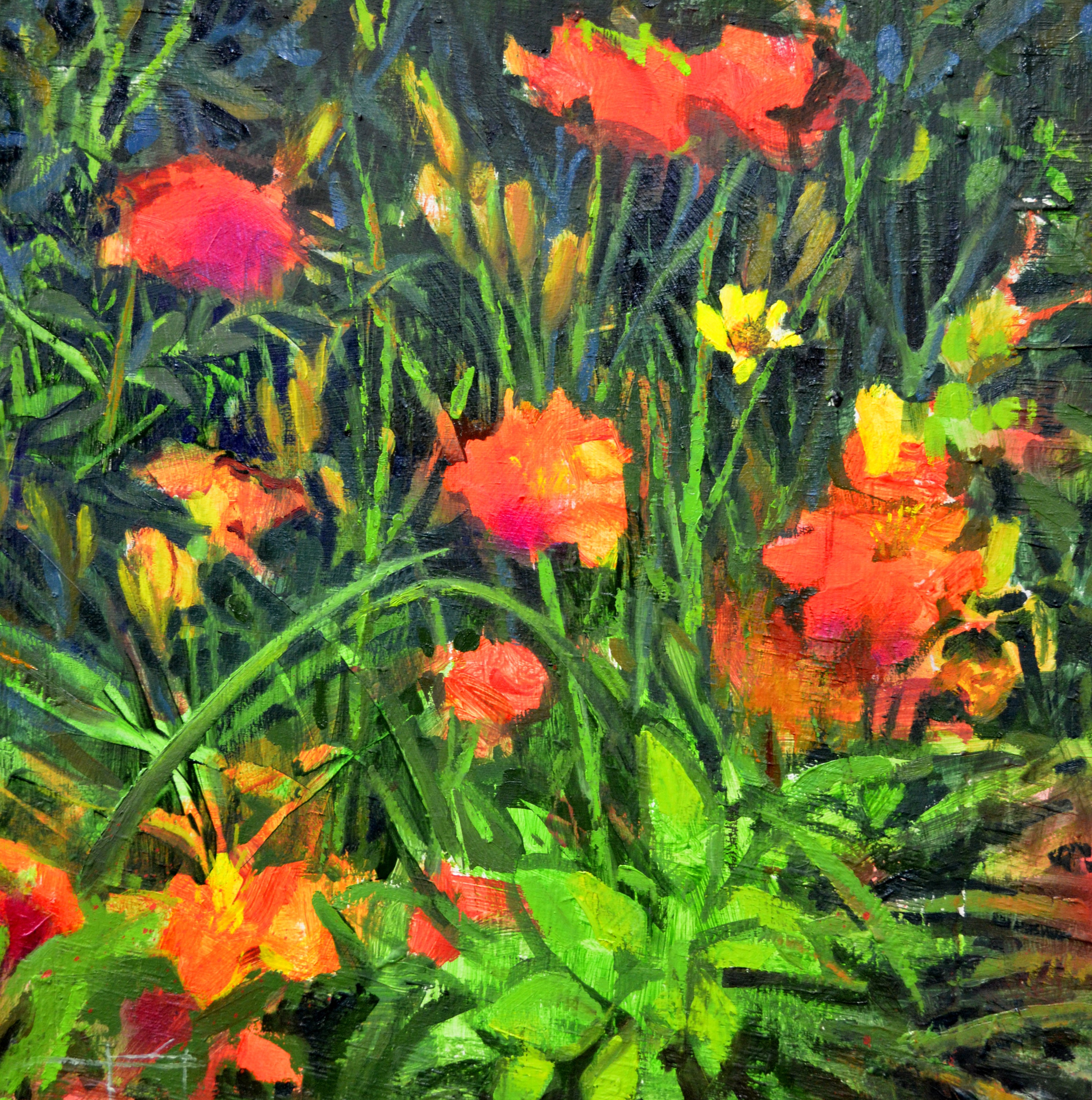Pintura floral contemporánea en tonos ocres, verdes y blancos, técnica mixta sobre tabla de 50x50 cm.