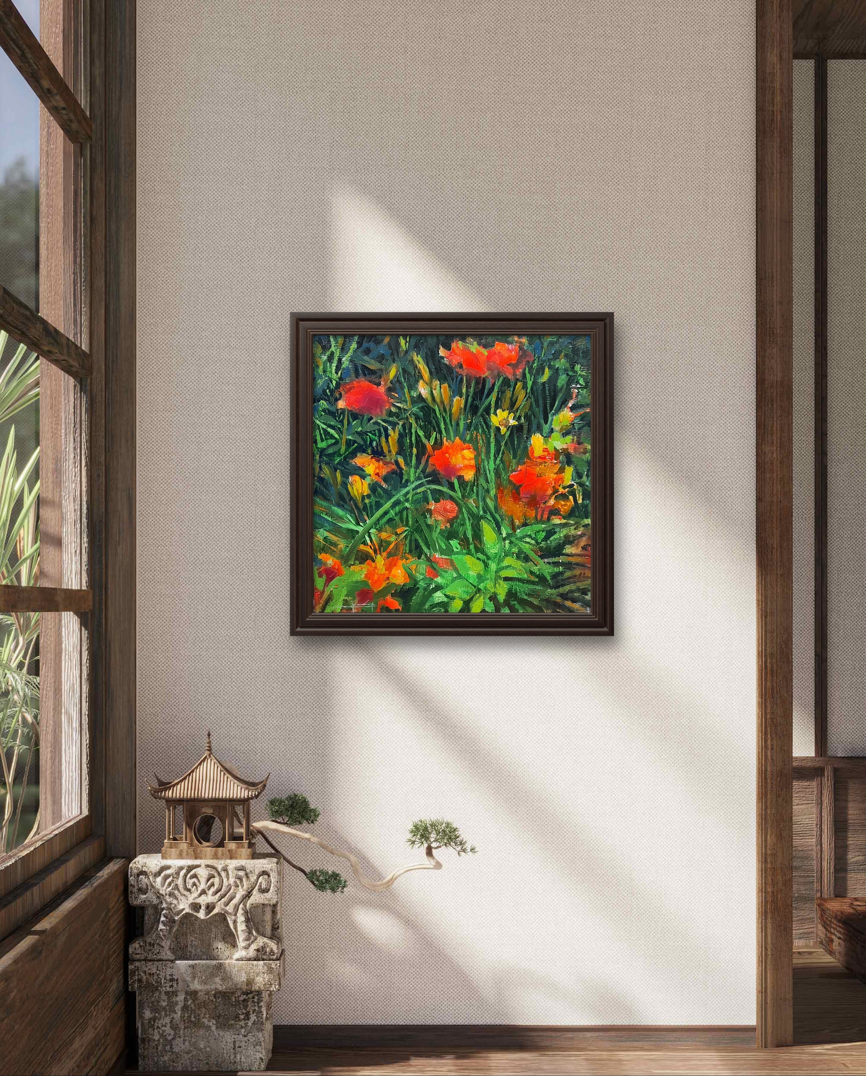 Detalle de las pinceladas al óleo y la textura matérica en una obra de arte floral moderna sobre soporte rígido.