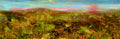 Pintura panorámica horizontal al óleo y acrílico que muestra un prado verde con flores silvestres y montañas al fondo.