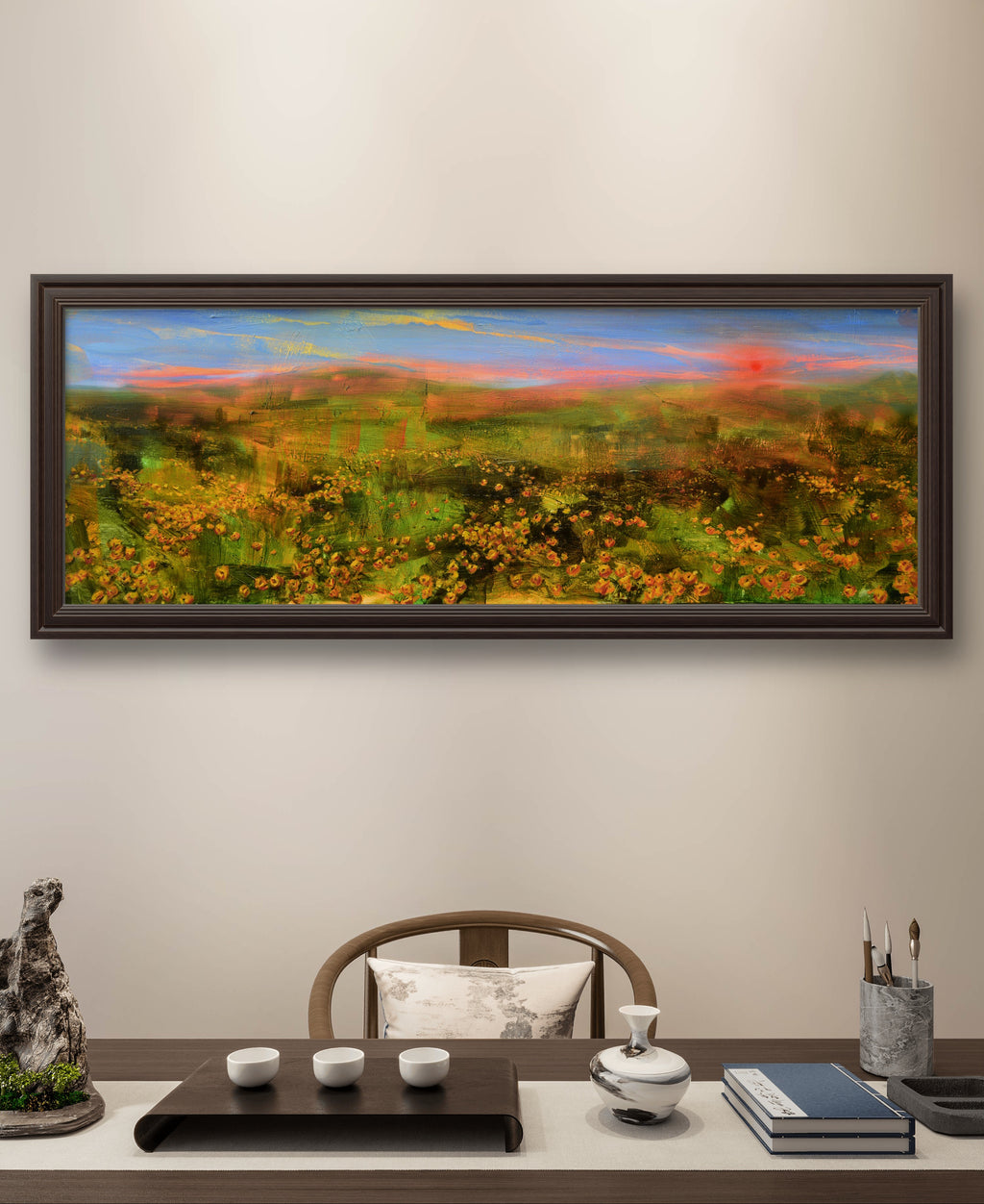 Vista de la obra "Prado y montañas" en una maqueta decorativa sobre una mesapara apreciar su escala de 120x60 cm.