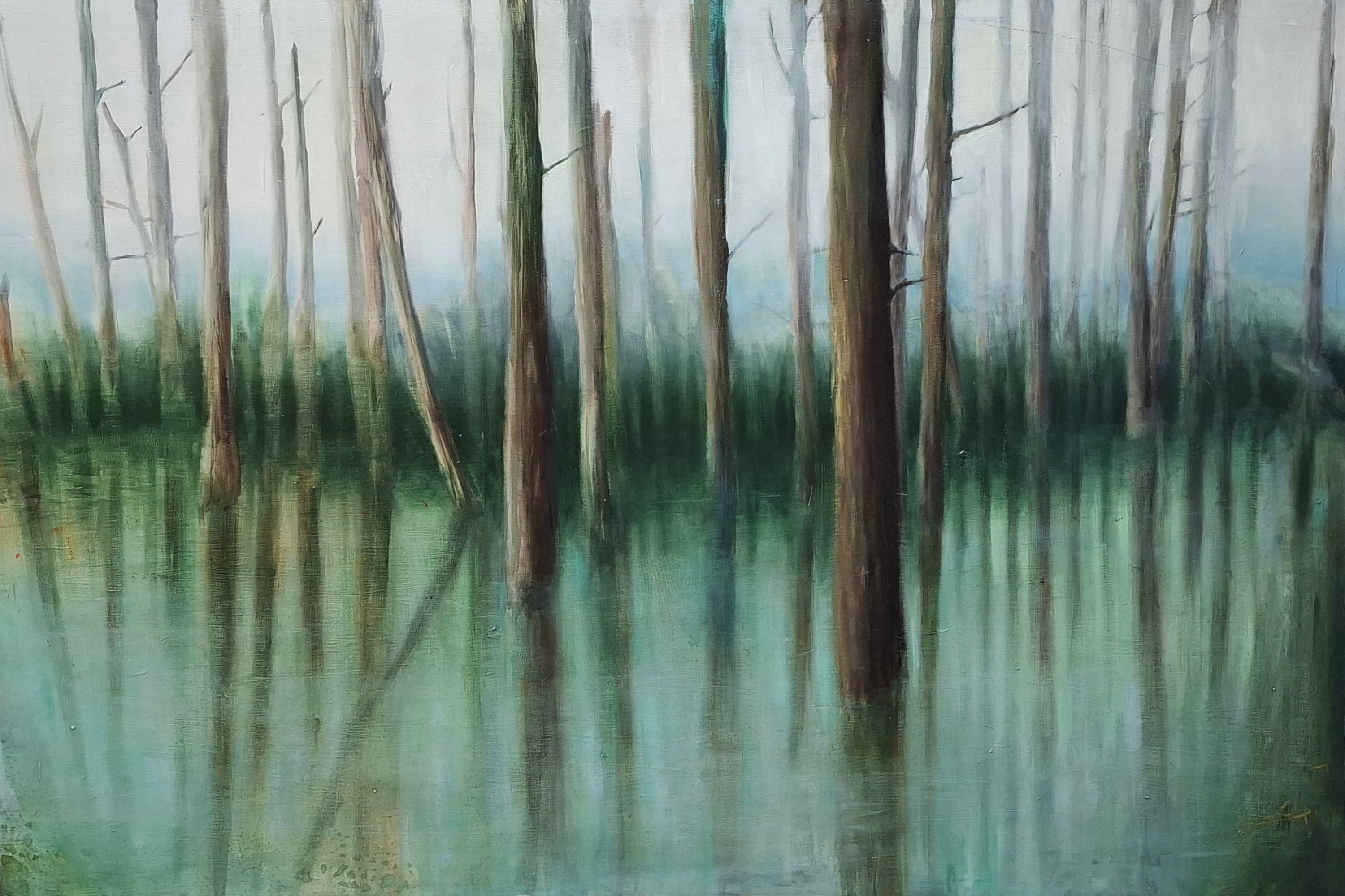 Pintura abstracta en técnica mixta sobre tabla que representa reflejos de luz y agua en tonos azules, verdes y tierras.