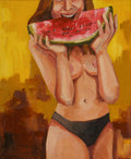 Pintura al óleo original de una persona de espaldas sosteniendo una rodaja de sandía roja, con pinceladas expresivas y fondo en tonos claros.