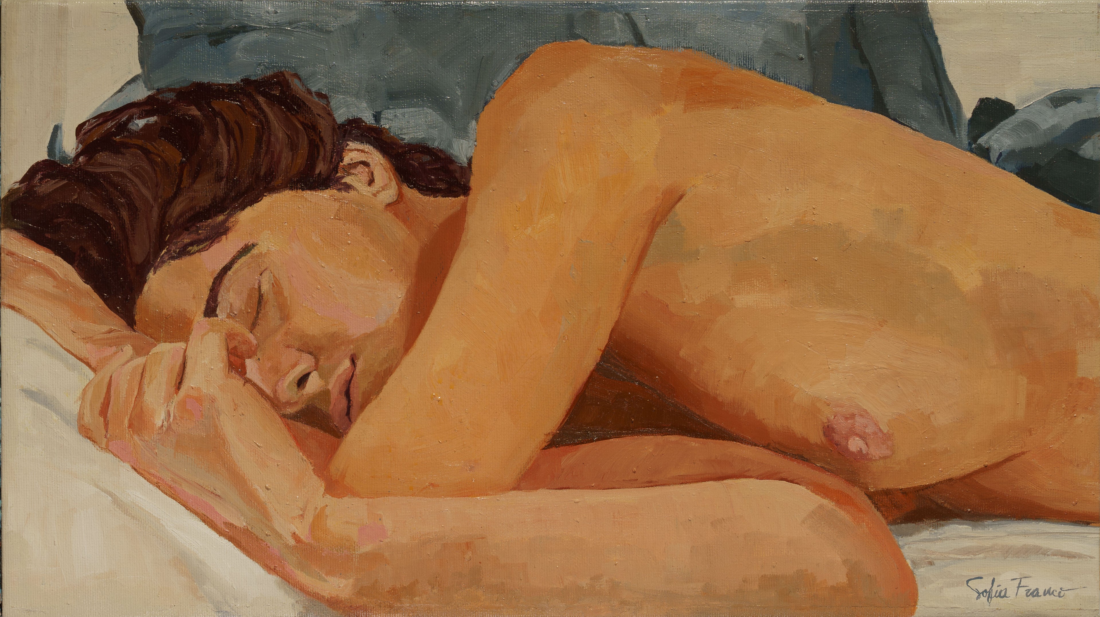 Pintura al óleo original de una figura humana sentada en posición introspectiva, con pinceladas visibles en tonos tierra y fondo neutro.