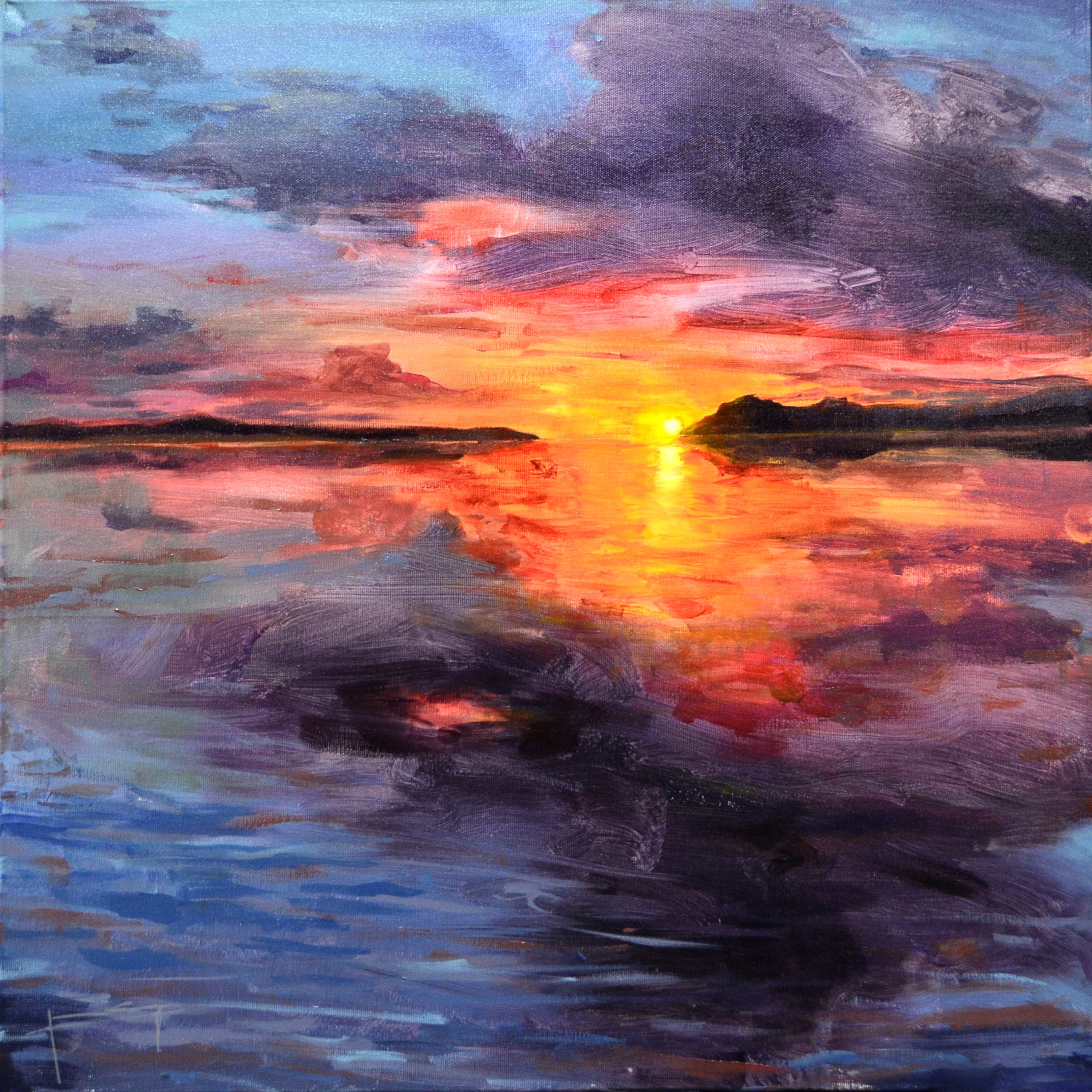 Pintura al óleo cuadrada de un atardecer en la costa con reflejos dorados en el mar y cielo en tonos naranjas y azules.