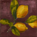 Pintura al óleo de formato pequeño que muestra tres limones amarillos con sus hojas verdes sobre un fondo de color violeta oscuro.