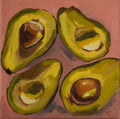 Pintura al óleo de formato pequeño que muestra cuatro mitades de aguacate (palta) con sus huesos y cavidades sobre un fondo rosa suave.