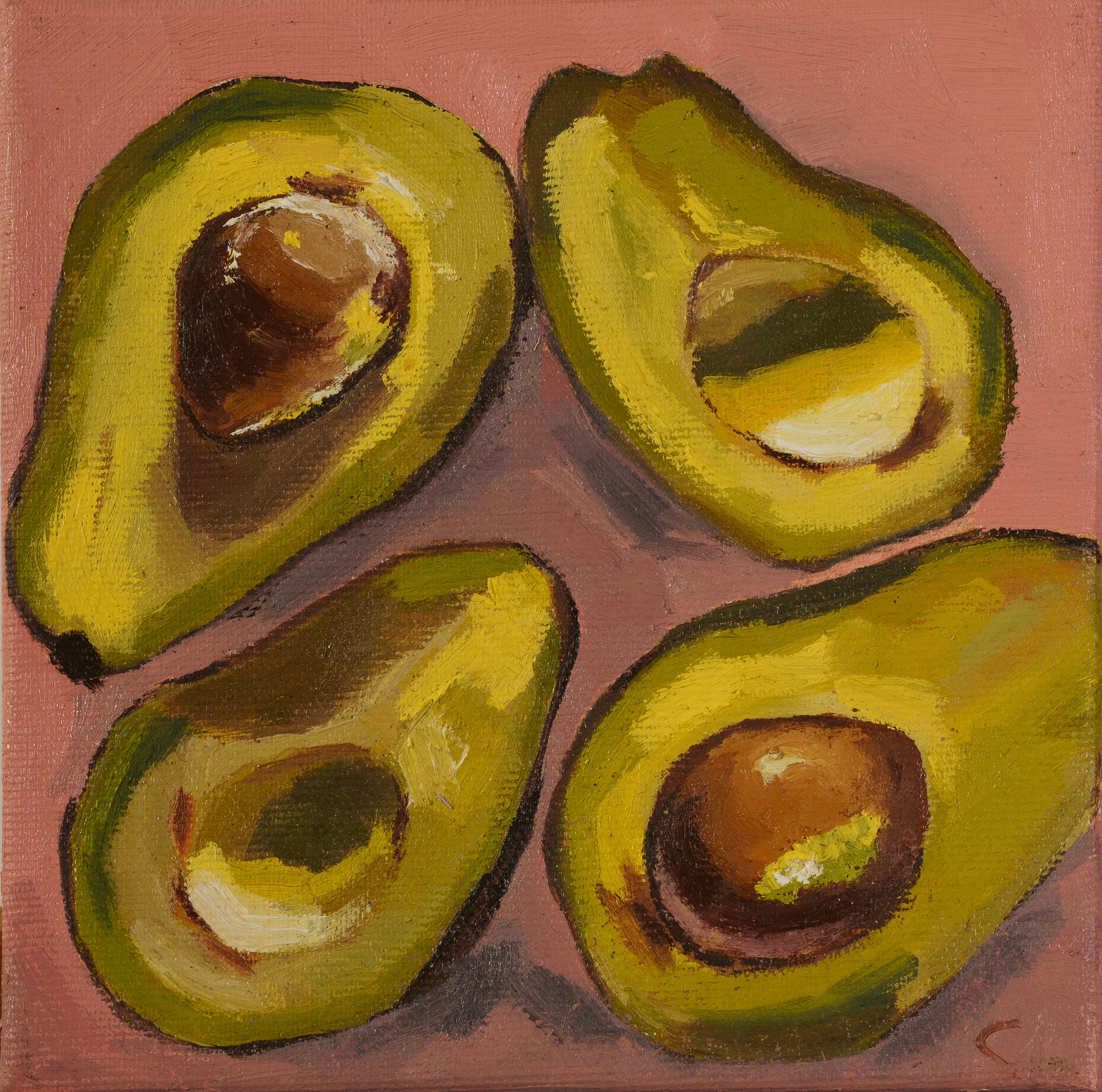 Pintura al óleo de formato pequeño que muestra cuatro mitades de aguacate (palta) con sus huesos y cavidades sobre un fondo rosa suave.