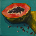 Pintura al óleo de formato pequeño que representa una media papaya con semillas negras visibles sobre un fondo de color turquesa intenso.