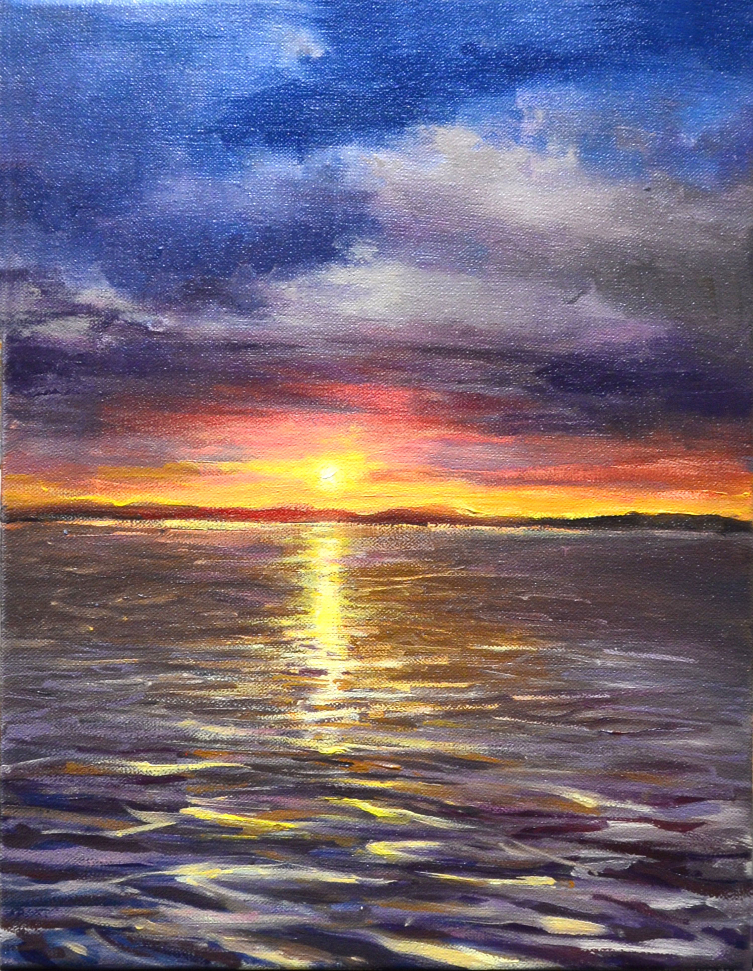 Pintura al óleo de un atardecer marino con un sol brillante que refleja destellos dorados sobre las olas del mar bajo un cielo púrpura.