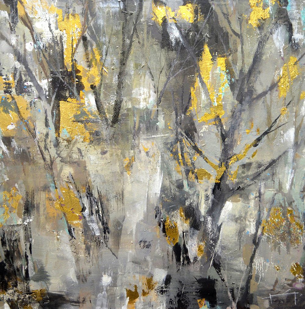 Cuadro al óleo cuadrado "Bosque en grises" con detalles dorados representando un paisaje forestal atmosférico.