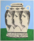 Pintura al óleo de gran formato que muestra un jarrón blanco con tres rostros femeninos de perfil y la frase manuscrita "el amor el amor el amor" en la base, sobre un fondo dividido en azul y verde.