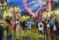 Pintura al óleo horizontal que muestra una escena nocturna vibrante y colorida de una feria con gente y atracciones iluminadas.