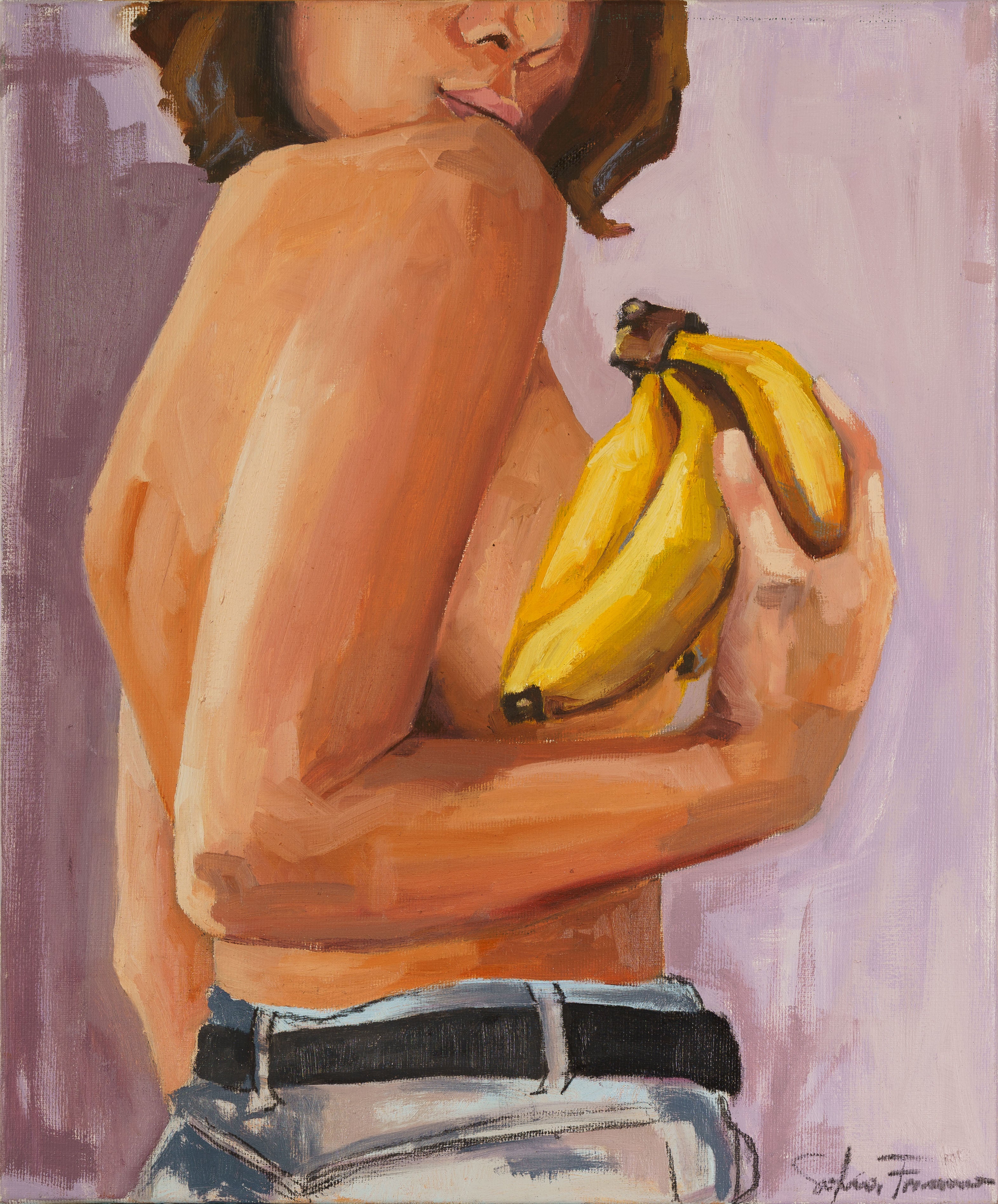 Pintura al óleo original de Sofía Franco que representa a una figura de espaldas sosteniendo plátanos amarillos, con pinceladas texturizadas y fondo lila.