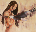 Pintura al óleo original que representa a una persona de espaldas con camisa azul y detalles en tonos tierra, sobre un fondo neutro texturizado.