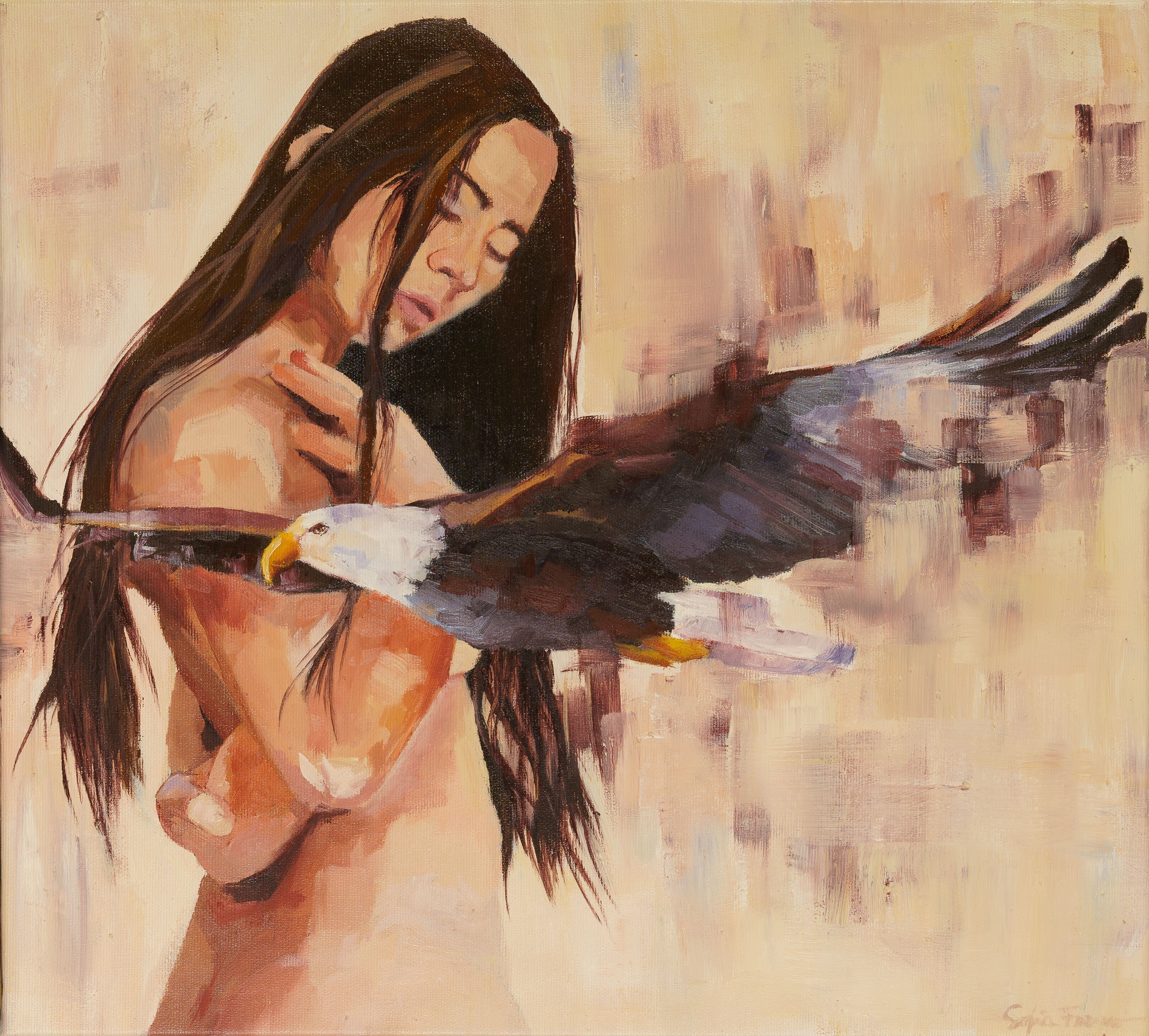 Pintura al óleo original que representa a una persona de espaldas con camisa azul y detalles en tonos tierra, sobre un fondo neutro texturizado.