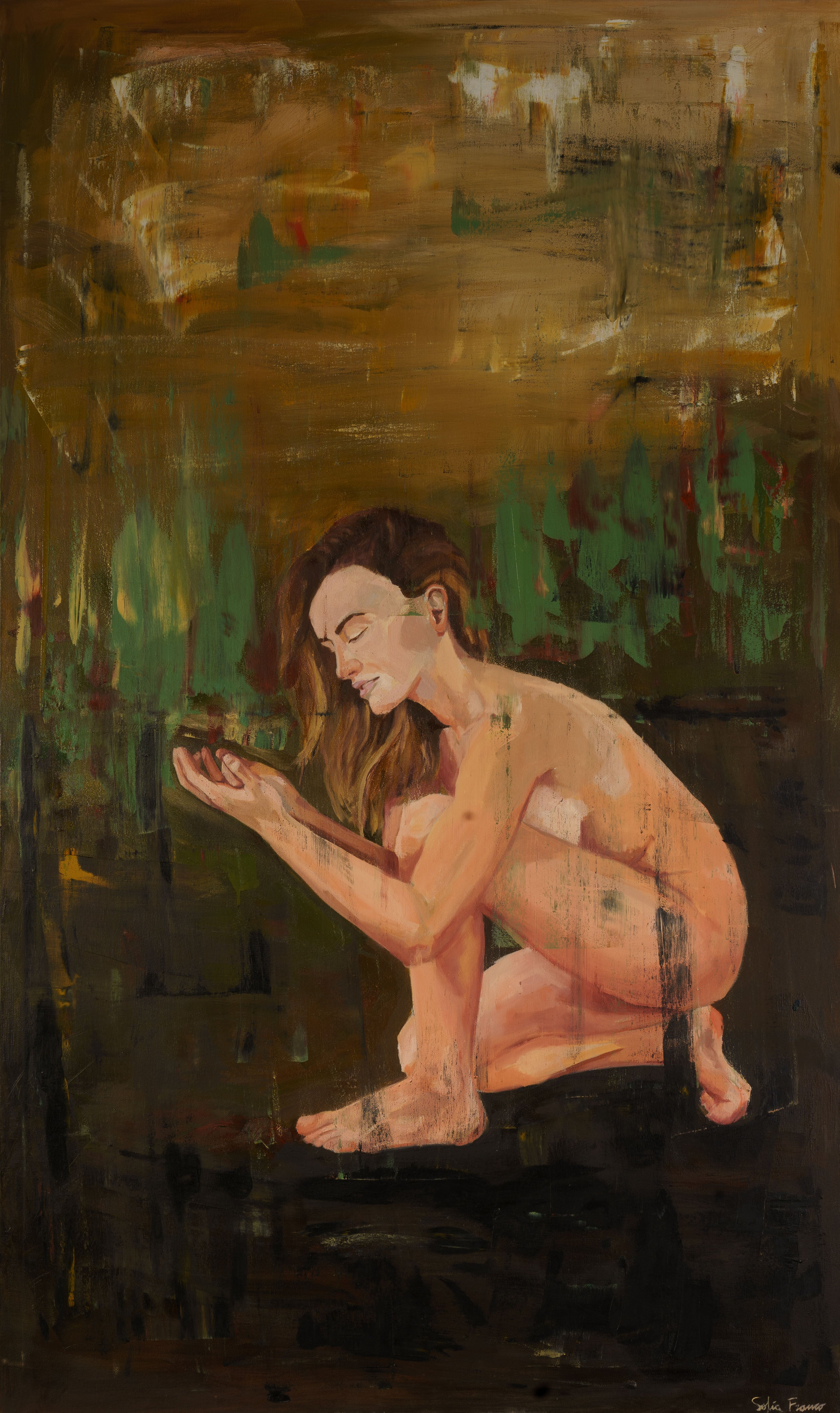 Pintura al óleo de gran formato que muestra a una figura en cuclillas en un entorno de tonos tierra y verdes, con pinceladas ricas y texturizadas.