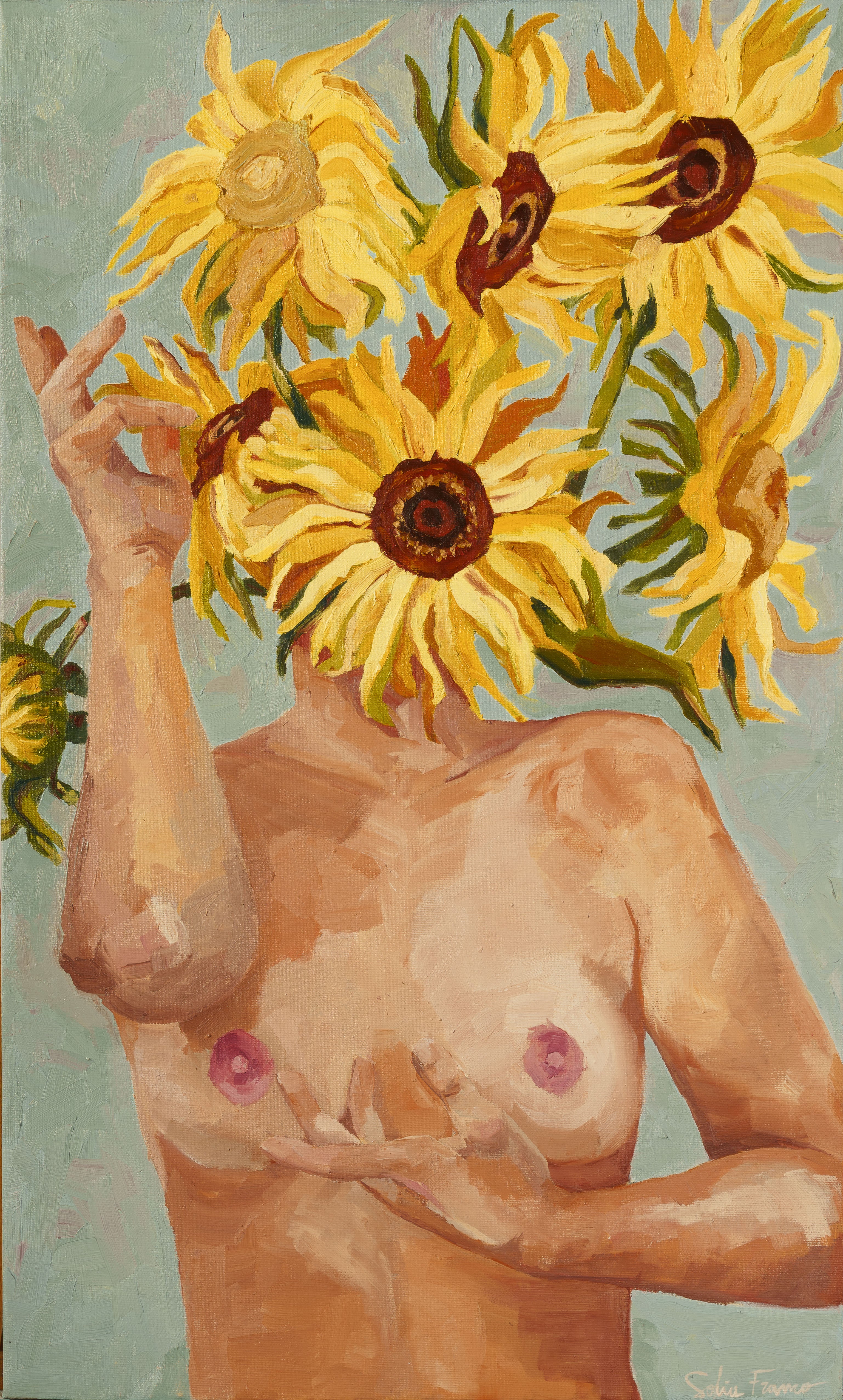 Pintura al óleo de un torso humano donde la cabeza es sustituida por varios girasoles amarillos vibrantes sobre un fondo azul claro.
