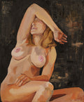 Pintura al óleo original de una figura humana en una pose relajada con un brazo sobre los ojos, destacando el contraste sobre un fondo oscuro.