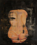 Pintura al óleo original de una figura humana de espaldas, arrodillada, destacando la musculatura y el juego de sombras sobre un fondo negro.