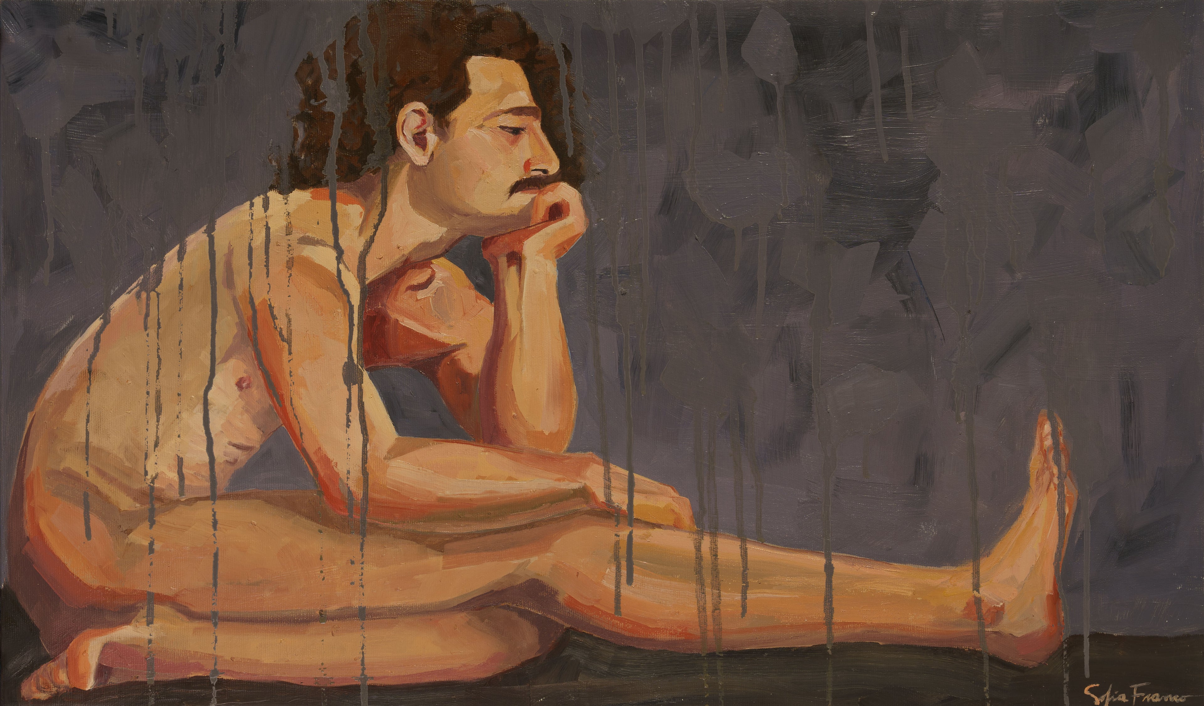 Pintura al óleo de un hombre con bigote sentado de perfil en una postura reflexiva, con efectos de pintura chorreada vertical sobre un fondo gris oscuro.
