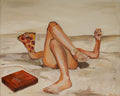 Pintura al óleo que muestra a una persona recostada en una superficie clara con las piernas cruzadas, sosteniendo una porción de pizza de pepperoni, junto a una caja de pizza roja.