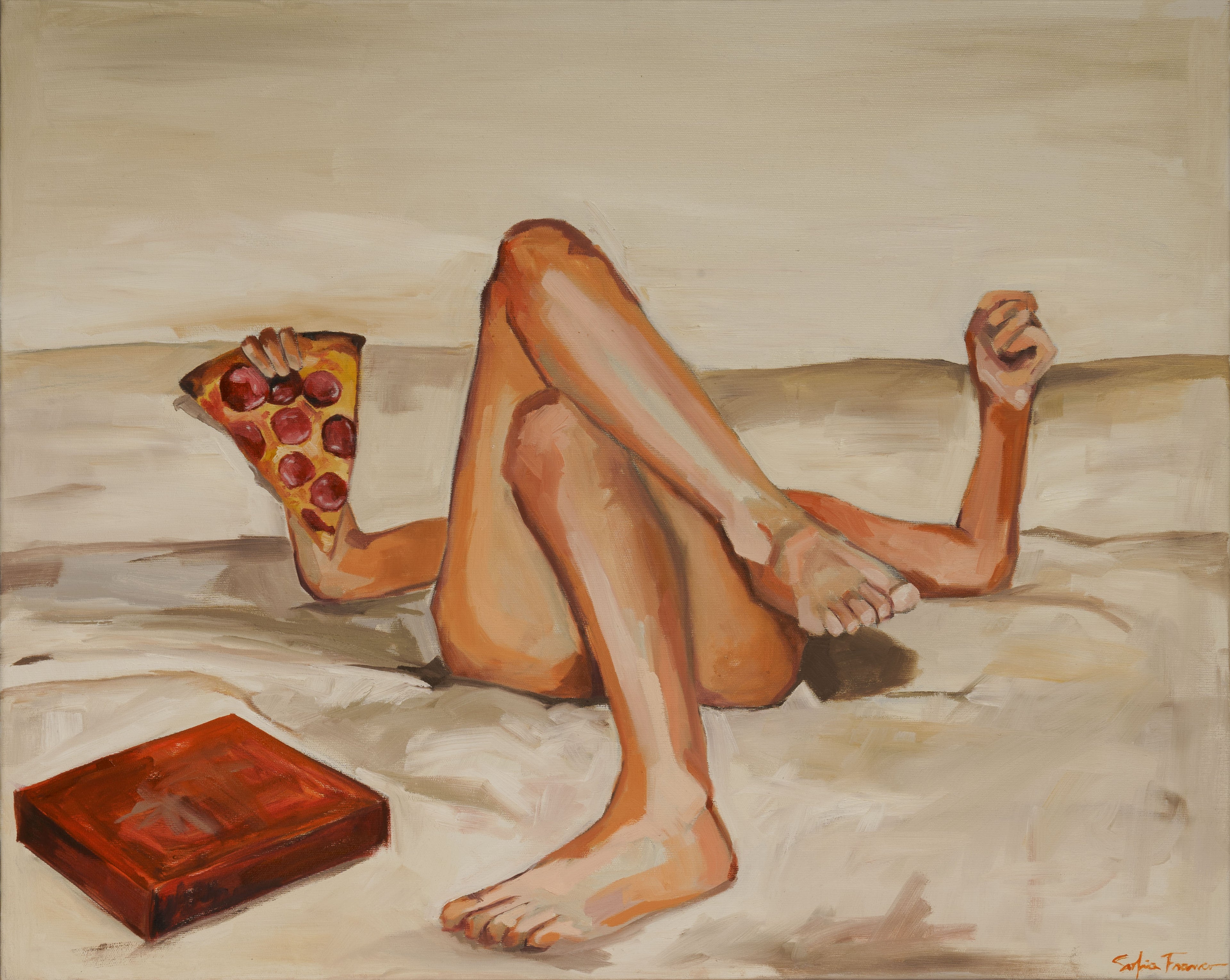 Pintura al óleo que muestra a una persona recostada en una superficie clara con las piernas cruzadas, sosteniendo una porción de pizza de pepperoni, junto a una caja de pizza roja.