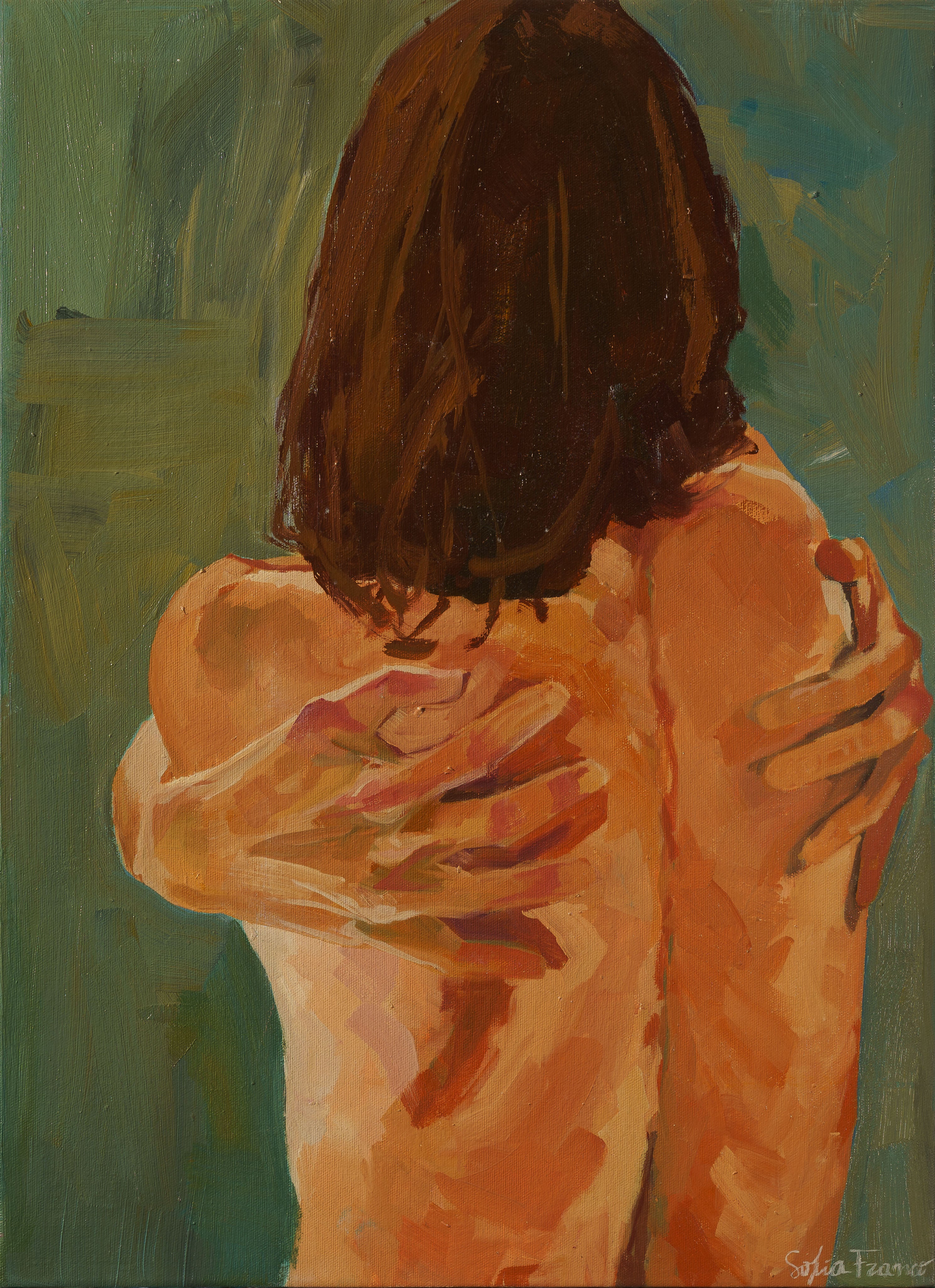 Pintura al óleo original de una persona de espaldas abrazándose a sí misma, con cabello castaño y fondo en tonos verdes.