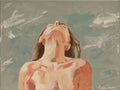 Pintura al óleo original de una figura con el rostro hacia arriba sobre un fondo de pinceladas grises y blancas que sugieren nubes.