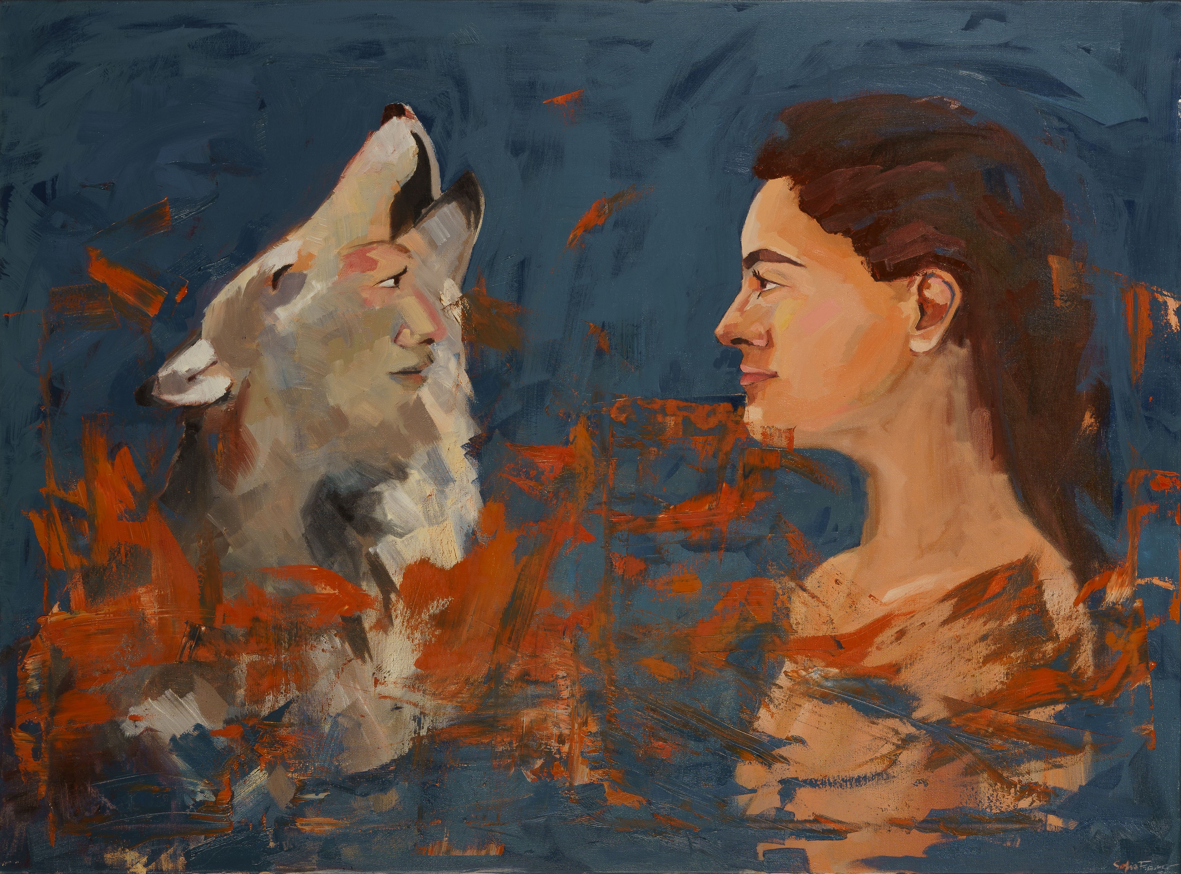 Pintura al óleo de gran formato que muestra el perfil de una mujer mirando de frente a un lobo blanco que aúlla, con pinceladas naranjas sobre un fondo azul oscuro