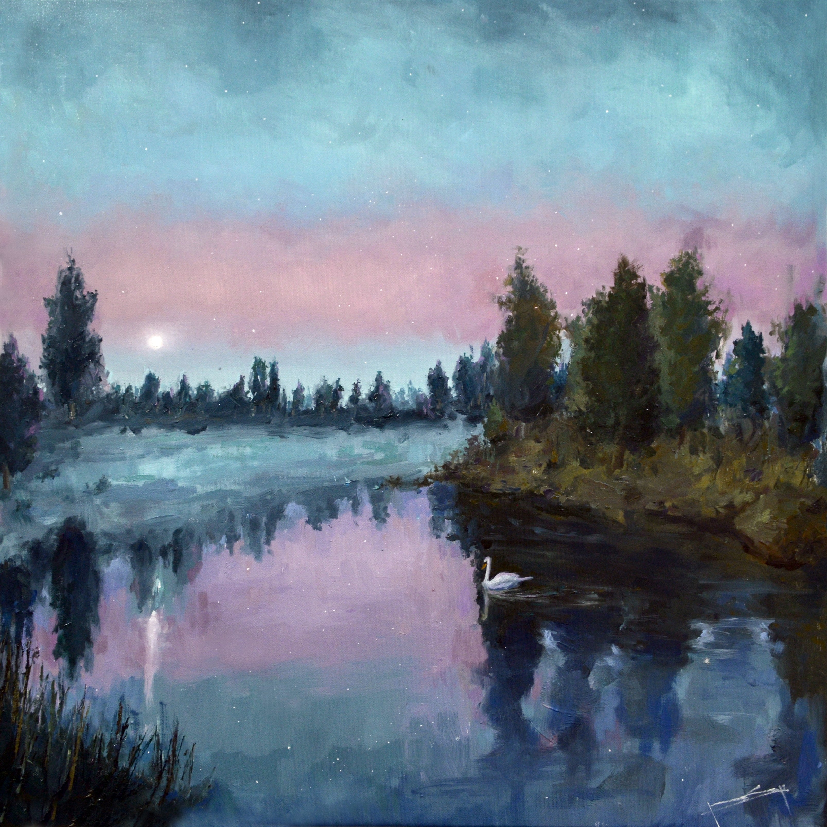 Pintura al óleo cuadrada representando un lago sereno con un cisne bajo un cielo en tonos rosas, turquesas y estrellas tenues.
