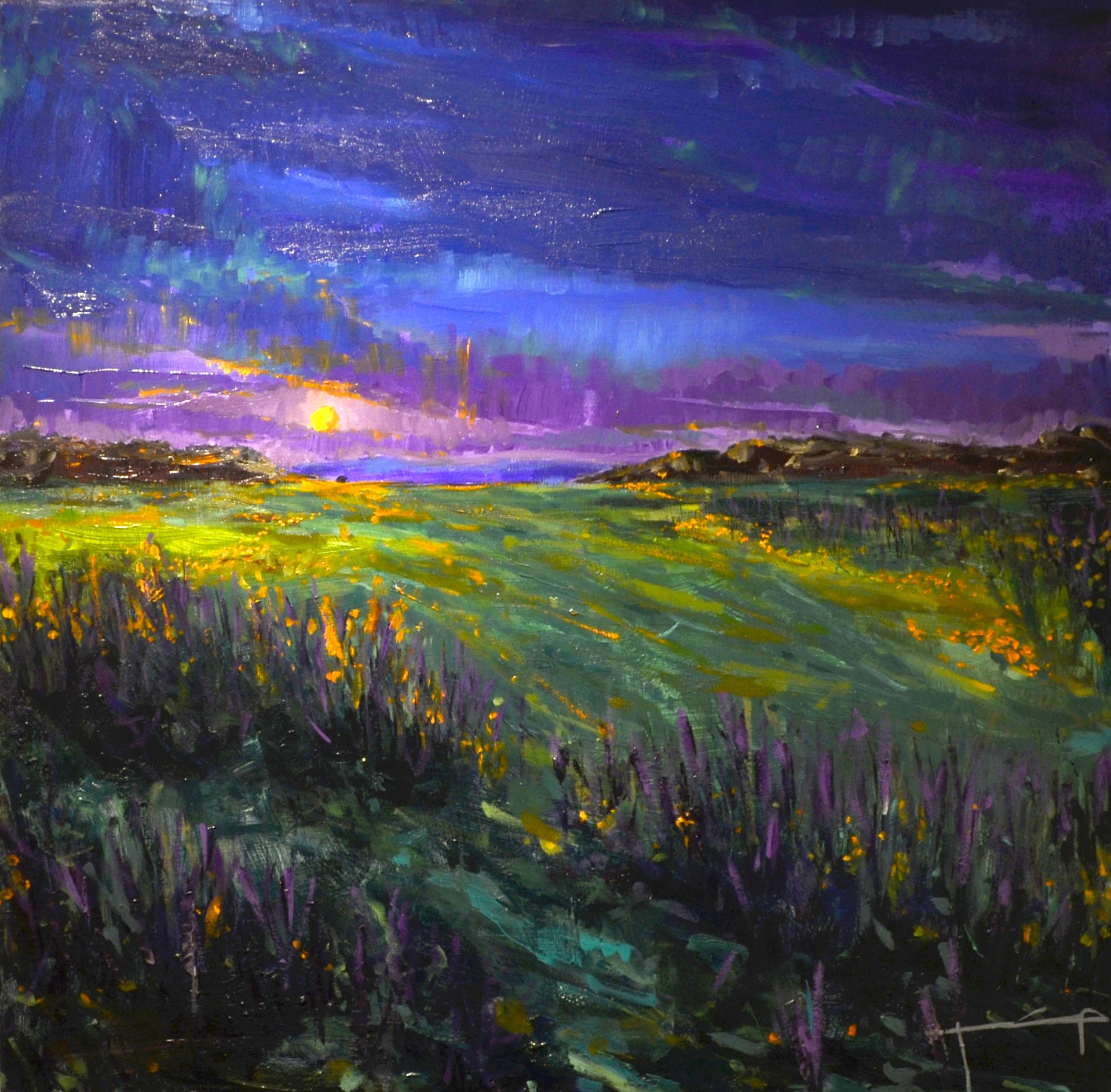 Pintura al óleo impresionista de un paisaje con un cielo dramático en violeta y azul profundo sobre un campo amarillo vibrante.