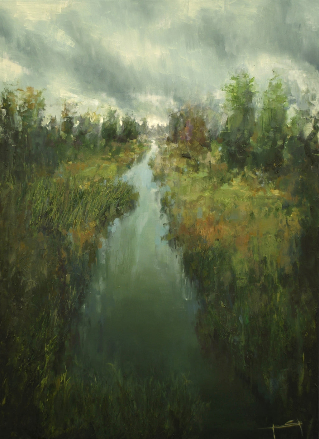 Pintura al óleo horizontal que representa el cauce del Río Túria con vegetación frondosa y reflejos en el agua.