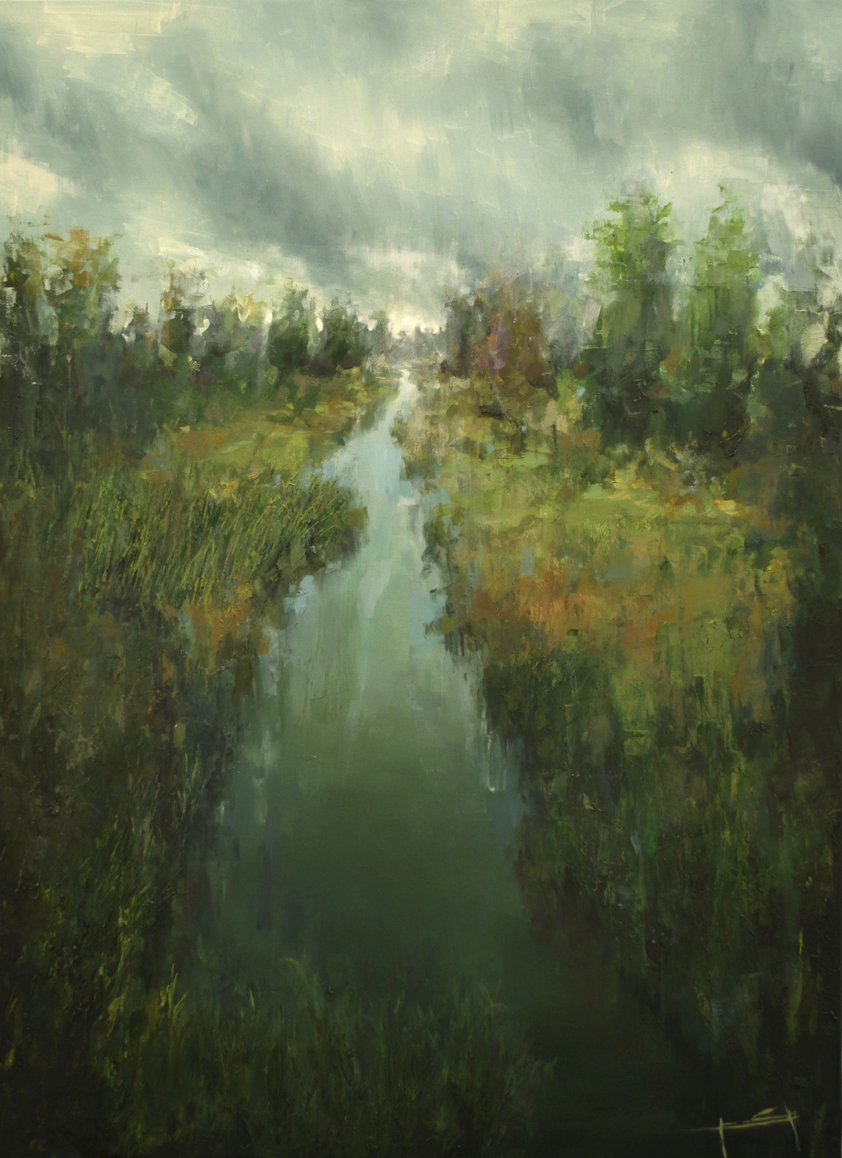 Pintura al óleo horizontal que representa el cauce del Río Túria con vegetación frondosa y reflejos en el agua.