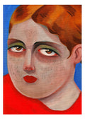 Pintura al óleo vertical que muestra el rostro de una mujer con una calavera en la frente y la frase "de la lluvia su reflejo" escrita en la cara, titulada "Un reflejo" de Marta Araujo.