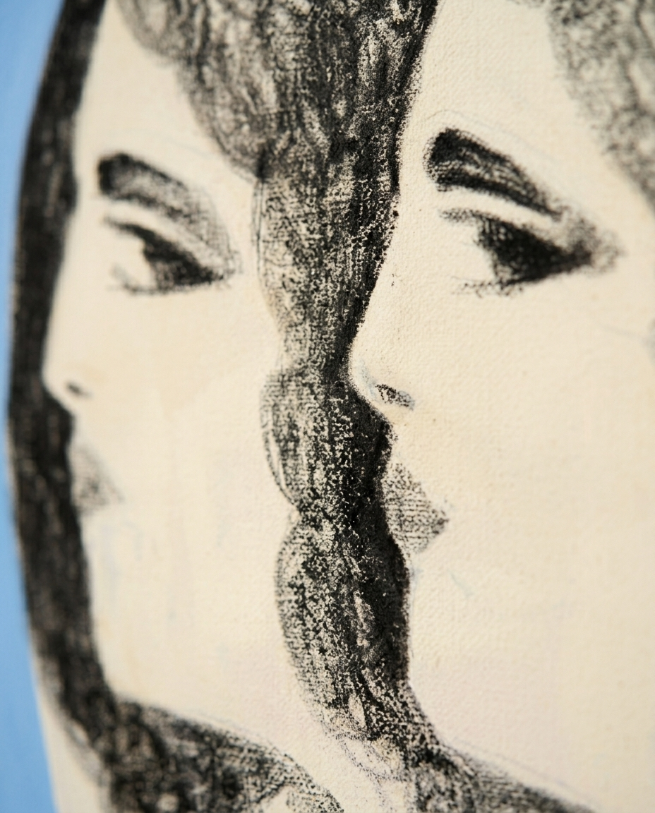 Primer plano del detalle del trazo negro de estilo carboncillo y la textura del lienzo en la obra de Marta Araujo.