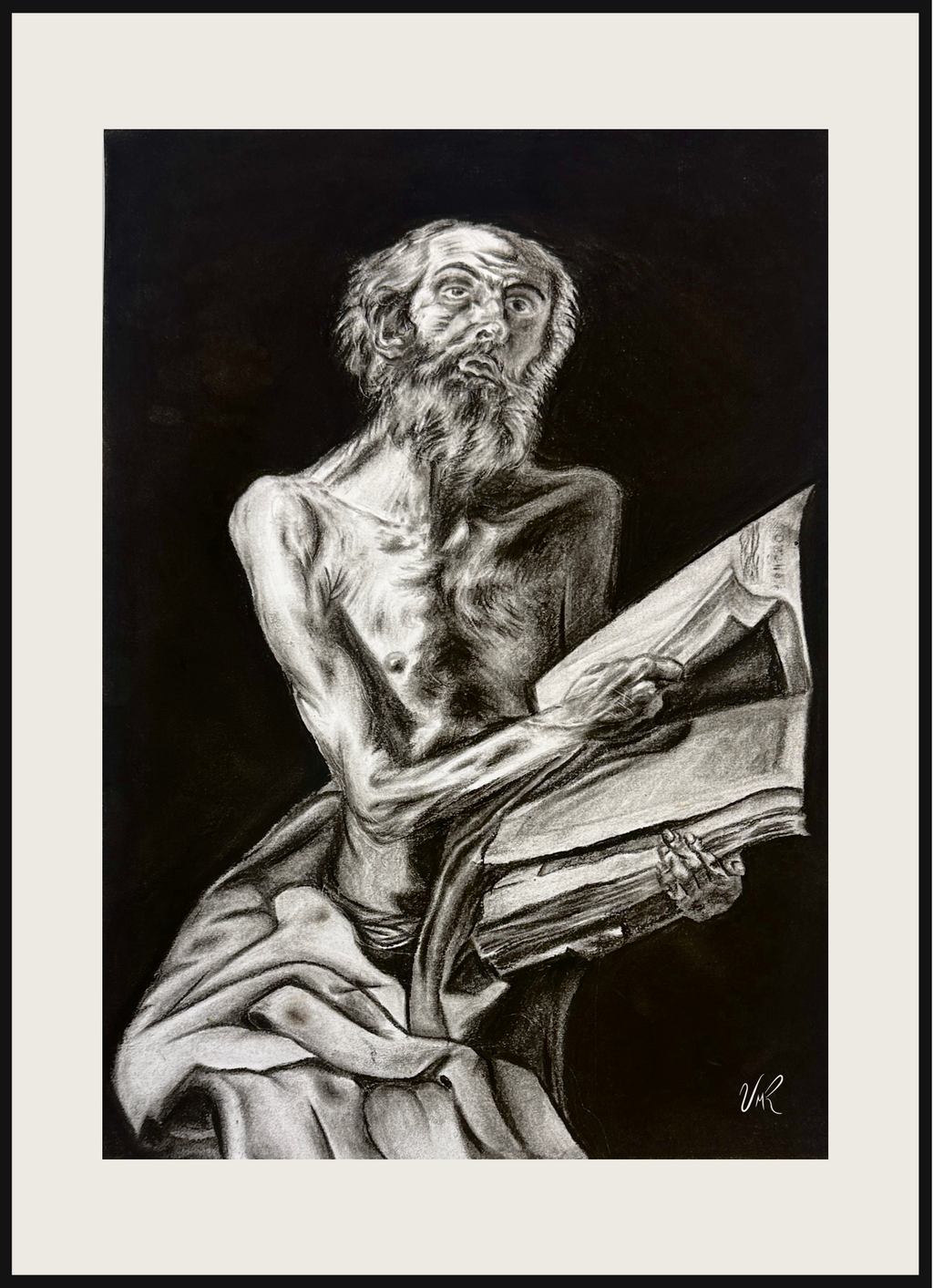 Retrato en carboncillo de San Jerónimo con fuerte contraste de luces y sombras, homenaje a José de Ribera por Valeria Moguel.