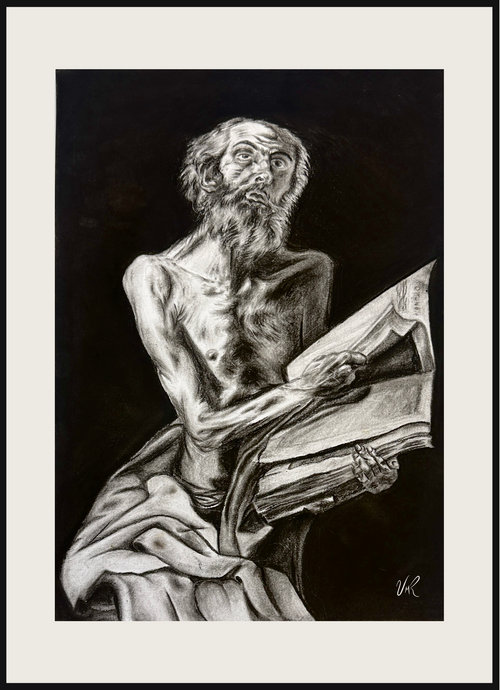 Retrato en carboncillo de San Jerónimo con fuerte contraste de luces y sombras, homenaje a José de Ribera por Valeria Moguel.