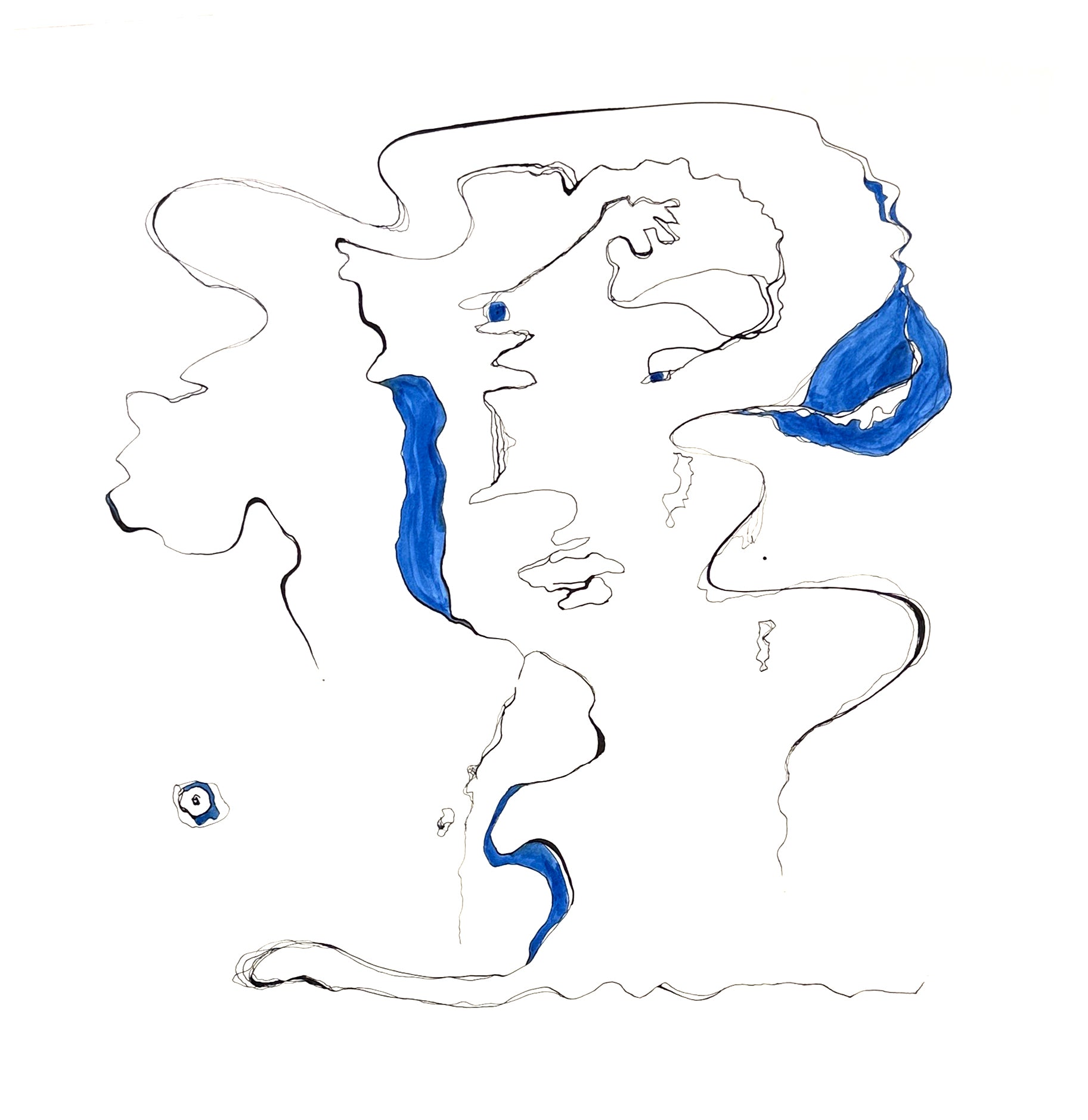Dibujo abstracto en tinta china sobre fondo blanco titulado "Líneas del Interior" de Valeria Moguel.