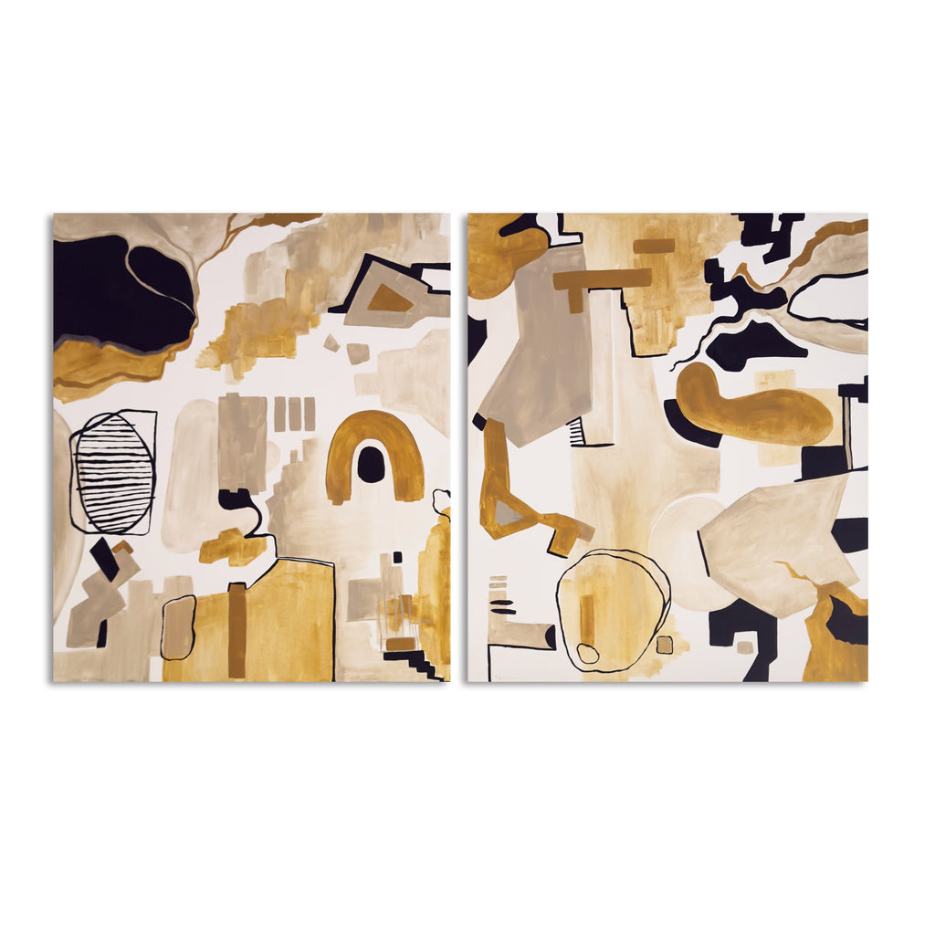 Díptico "Partituras de Arena" de Valeria Moguel; dos lienzos abstractos con líneas horizontales en tonos crema y gris.