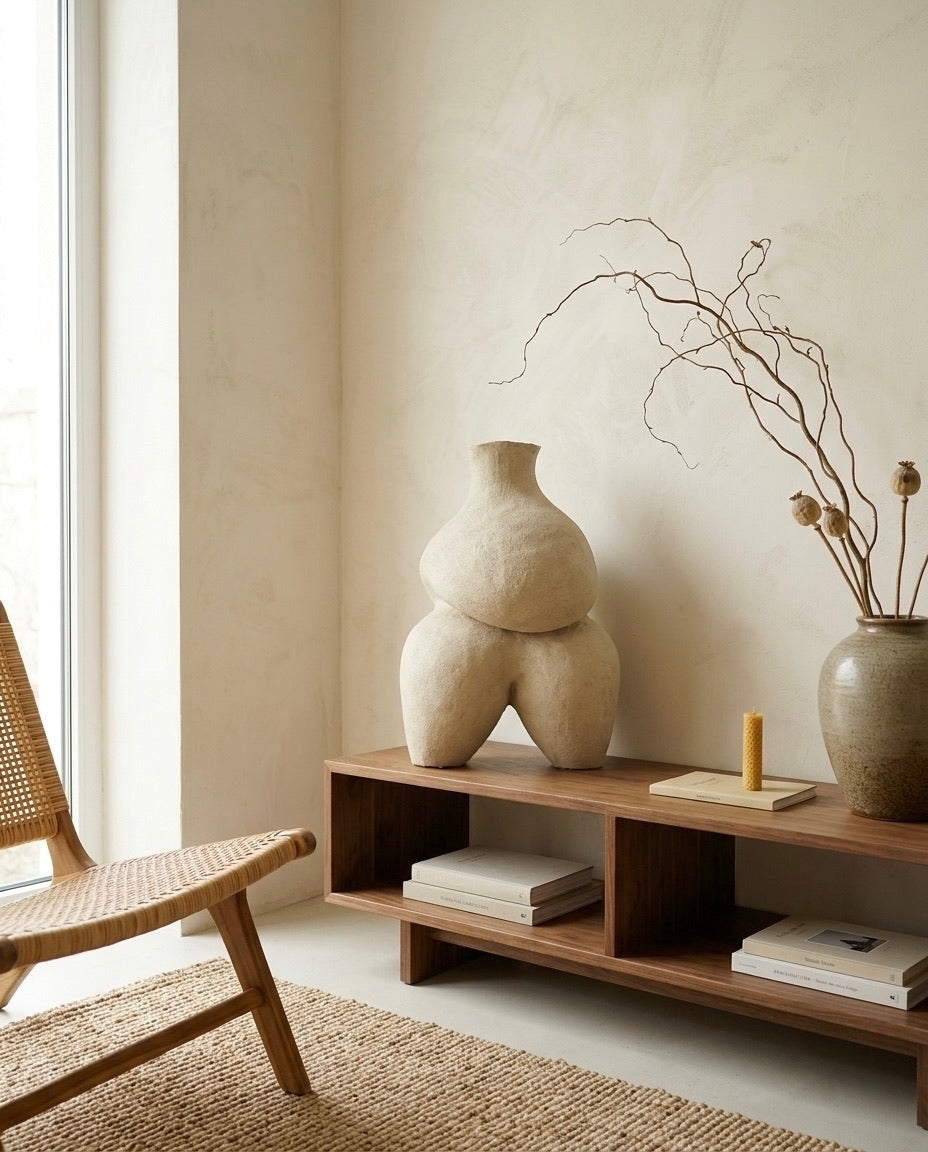 Escultura orgánica de cerámica Calima Magna 1 de Cecilia Behrend en un banco de madera oscura, en un ambiente decorativo minimalista junto a un sillón de mimbre y elementos naturales.