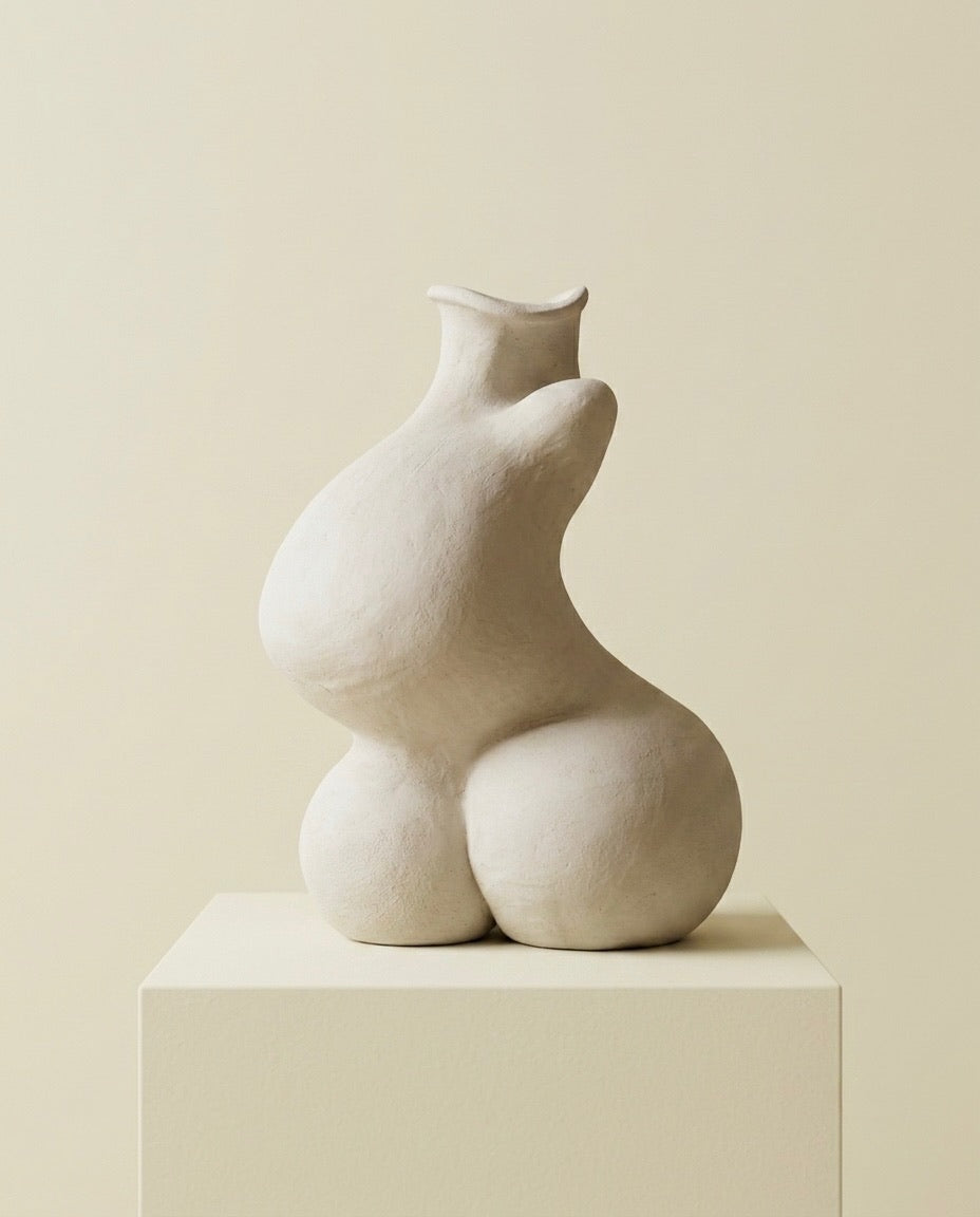 Silueta completa de perfil de la escultura de cerámica beige Calima Magna 2 sobre un pedestal cúbico, ideal para decoración de interiores minimalista.