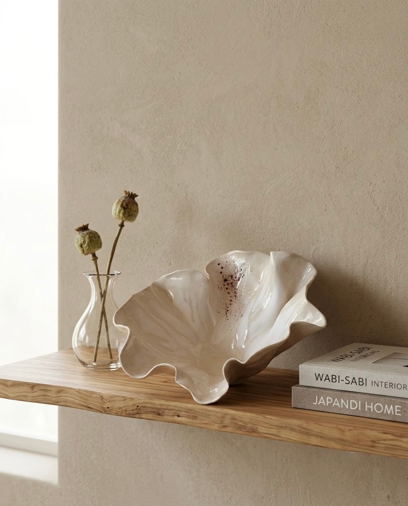 Escultura de cerámica artesanal Flor Calima de 20 cm de altura con forma orgánica, expuesta en un estante de madera junto a libros de diseño de interiores Japandi y un jarrón transparente.