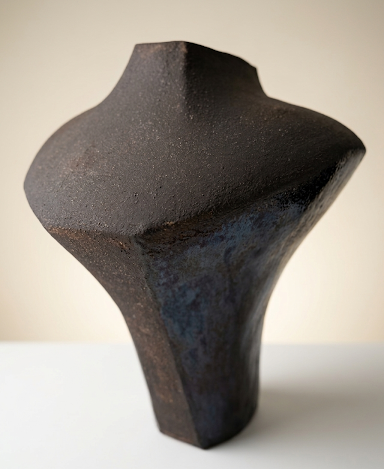 Primer plano de la base de la escultura de gres, revelando la transición de la textura rugosa al acabado metálico azul brillante de Fernanda Salomé.