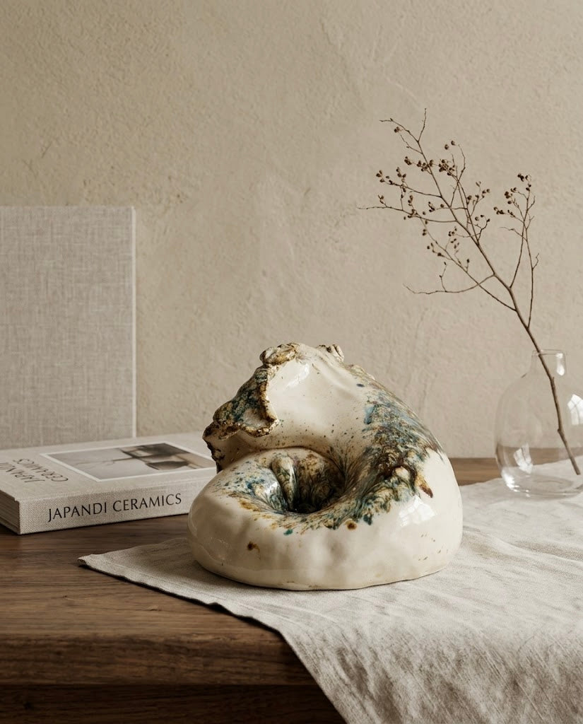 Escultura decorativa de cerámica inspirada en la naturaleza, con base lisa color crema y pliegues texturizados, colocada junto a un libro de diseño Japandi sobre una mesa de madera.